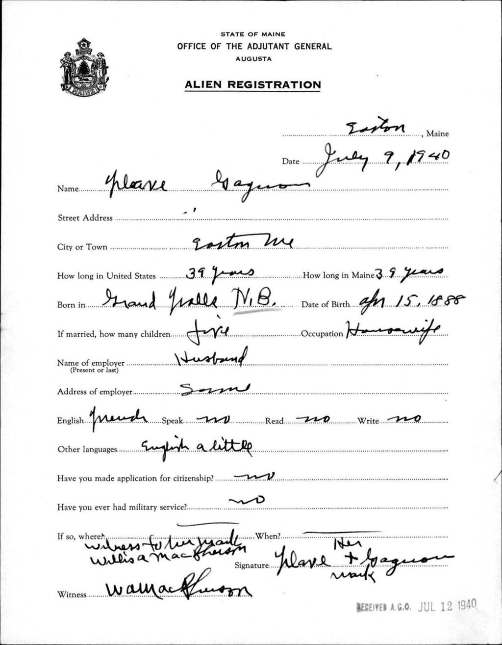 Miniature of Alien Registration- Gagnon, Flave (Easton, Aroostook County)