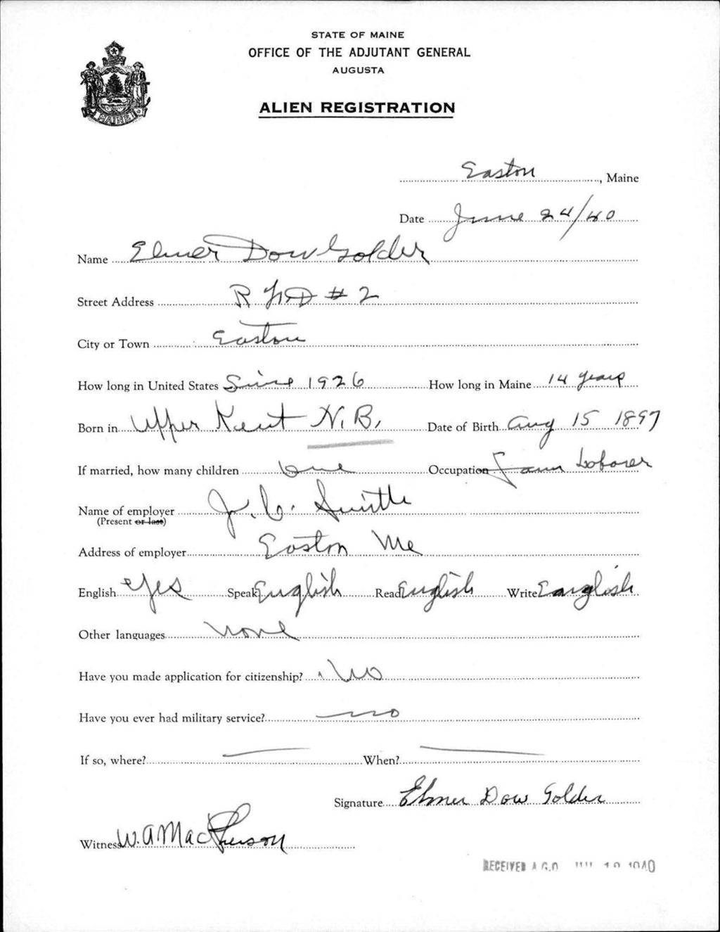 Miniature of Alien Registration- Golder, Elmer D. (Easton, Aroostook County)