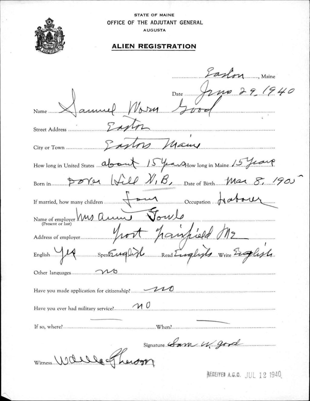 Miniature of Alien Registration- Good, Samuel W. (Easton, Aroostook County)