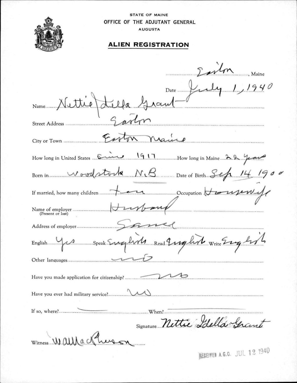 Miniature of Alien Registration- Grant, Nettie S. (Easton, Aroostook County)