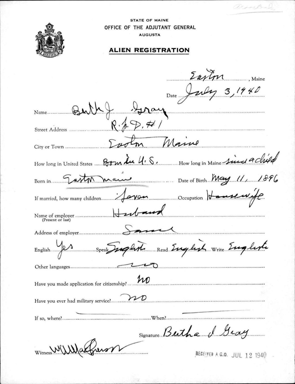 Miniature of Alien Registration- Gray, Bertha J. (Easton, Aroostook County)