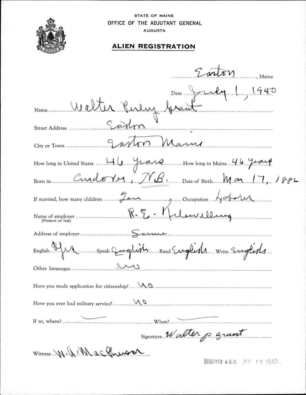 Miniature of Alien Registration- Grant, Walter P. (Easton, Aroostook County)