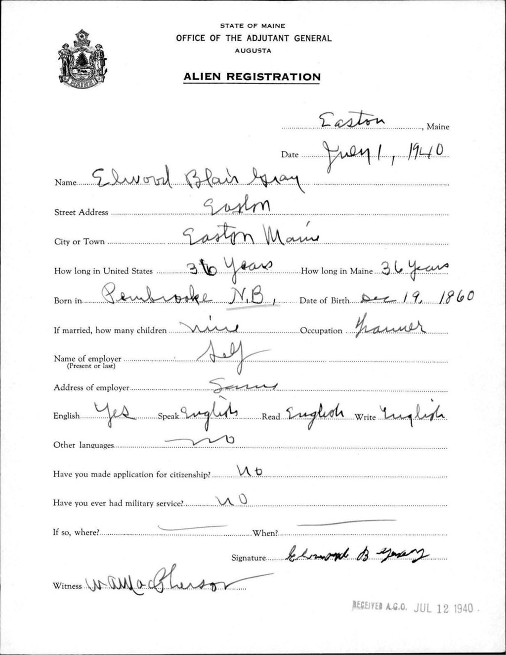 Miniature of Alien Registration- Gray, Elwood B. (Easton, Aroostook County)