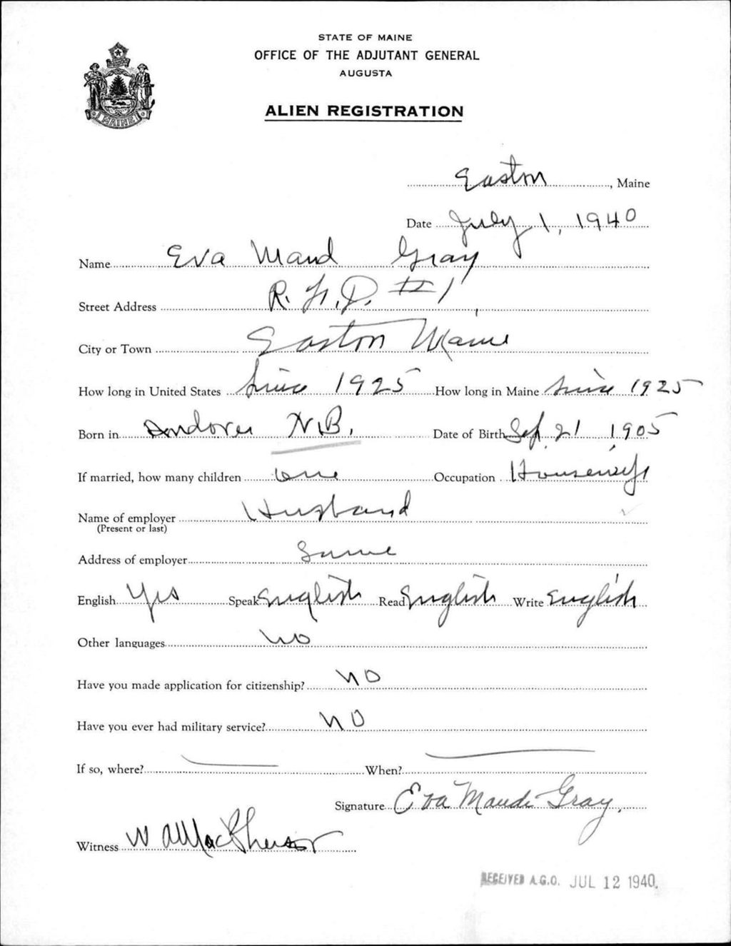 Miniature of Alien Registration- Gray, Eva M. (Easton, Aroostook County)