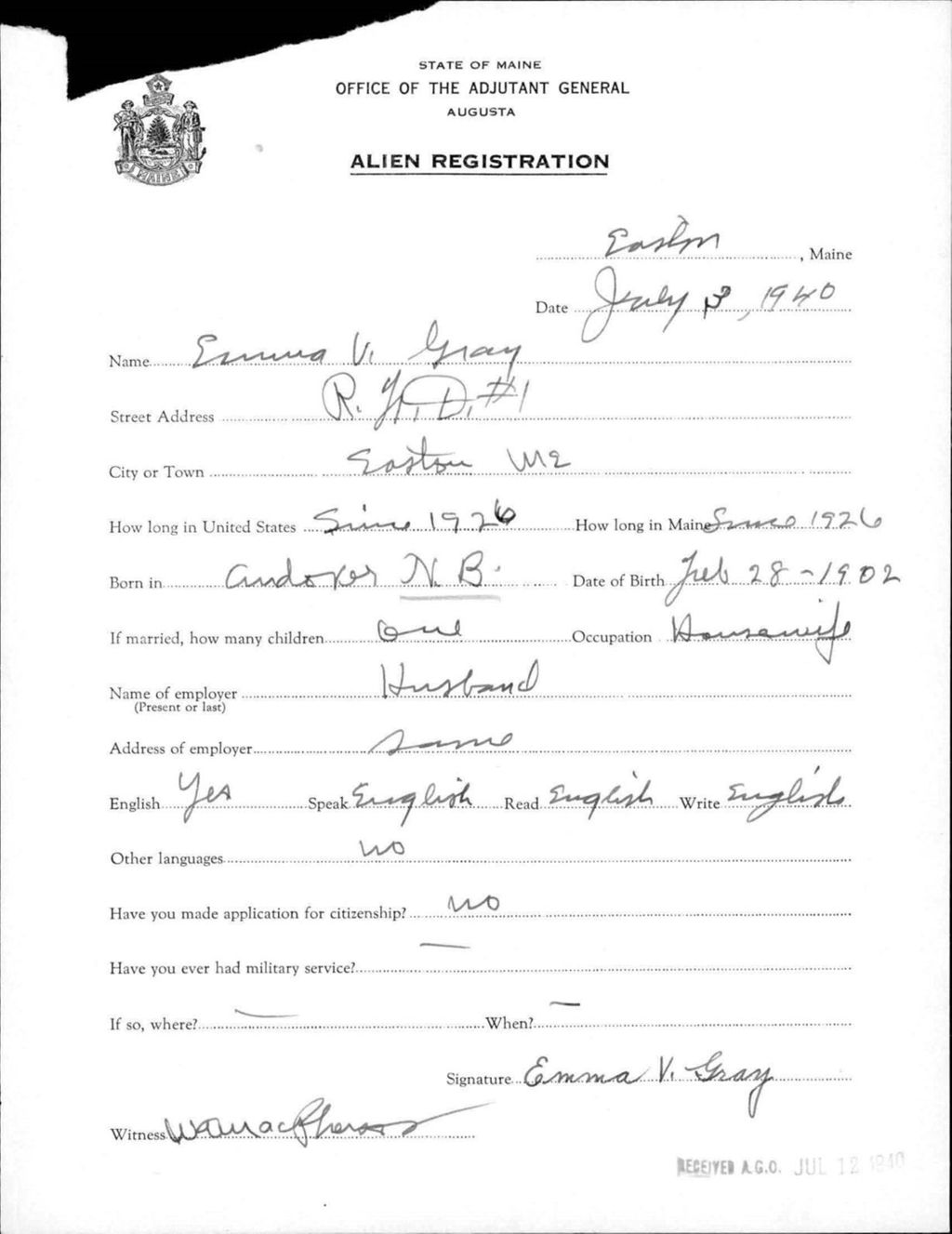 Miniature of Alien Registration- Gray, Emma V. (Easton, Aroostook County)