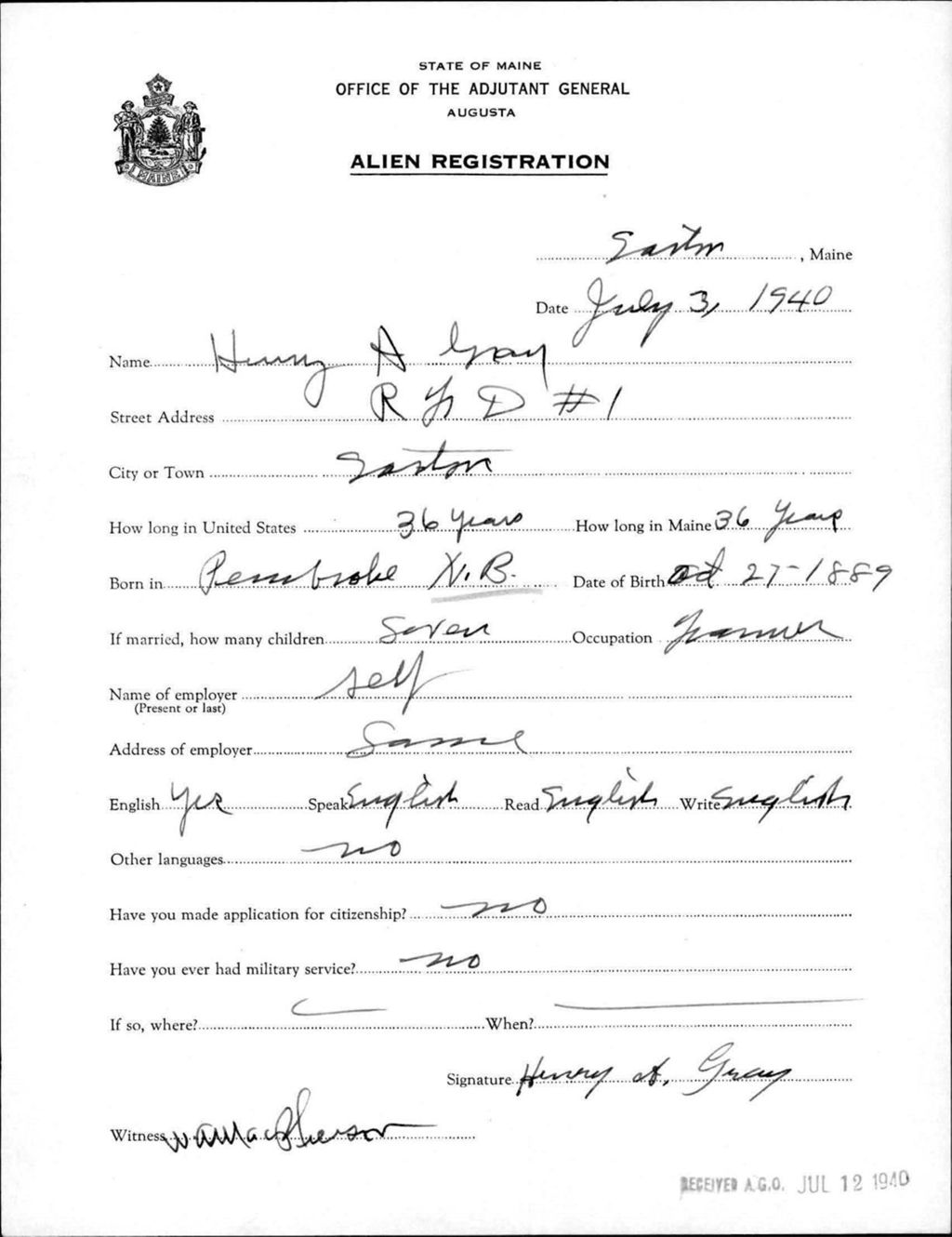 Miniature of Alien Registration- Gray, Henry A. (Easton, Aroostook County)