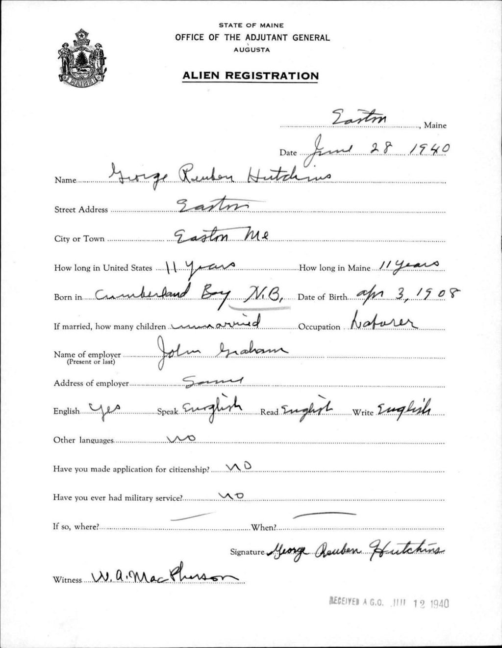Miniature of Alien Registration- Hutchins, George R. (Easton, Aroostook County)