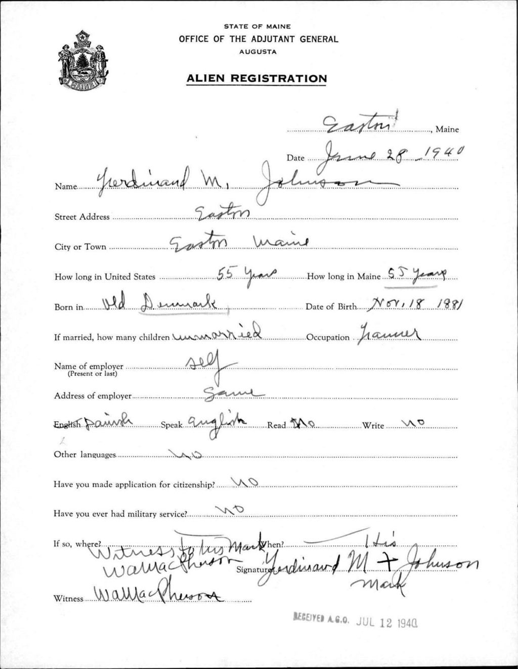 Miniature of Alien Registration- Johnson, Ferdinand M. (Easton, Aroostook County)