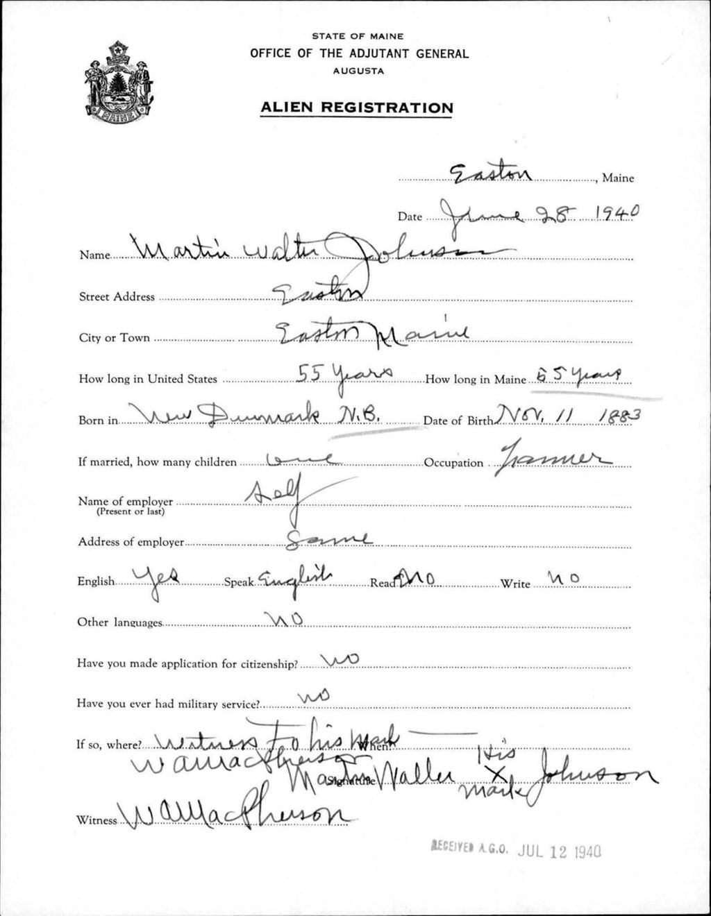 Miniature of Alien Registration- Johnson, Martin W. (Easton, Aroostook County)