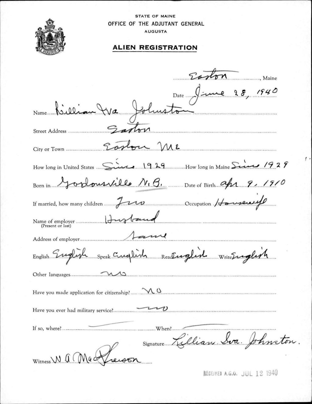Miniature of Alien Registration- Johnston, Lillian I. (Easton, Aroostook County)
