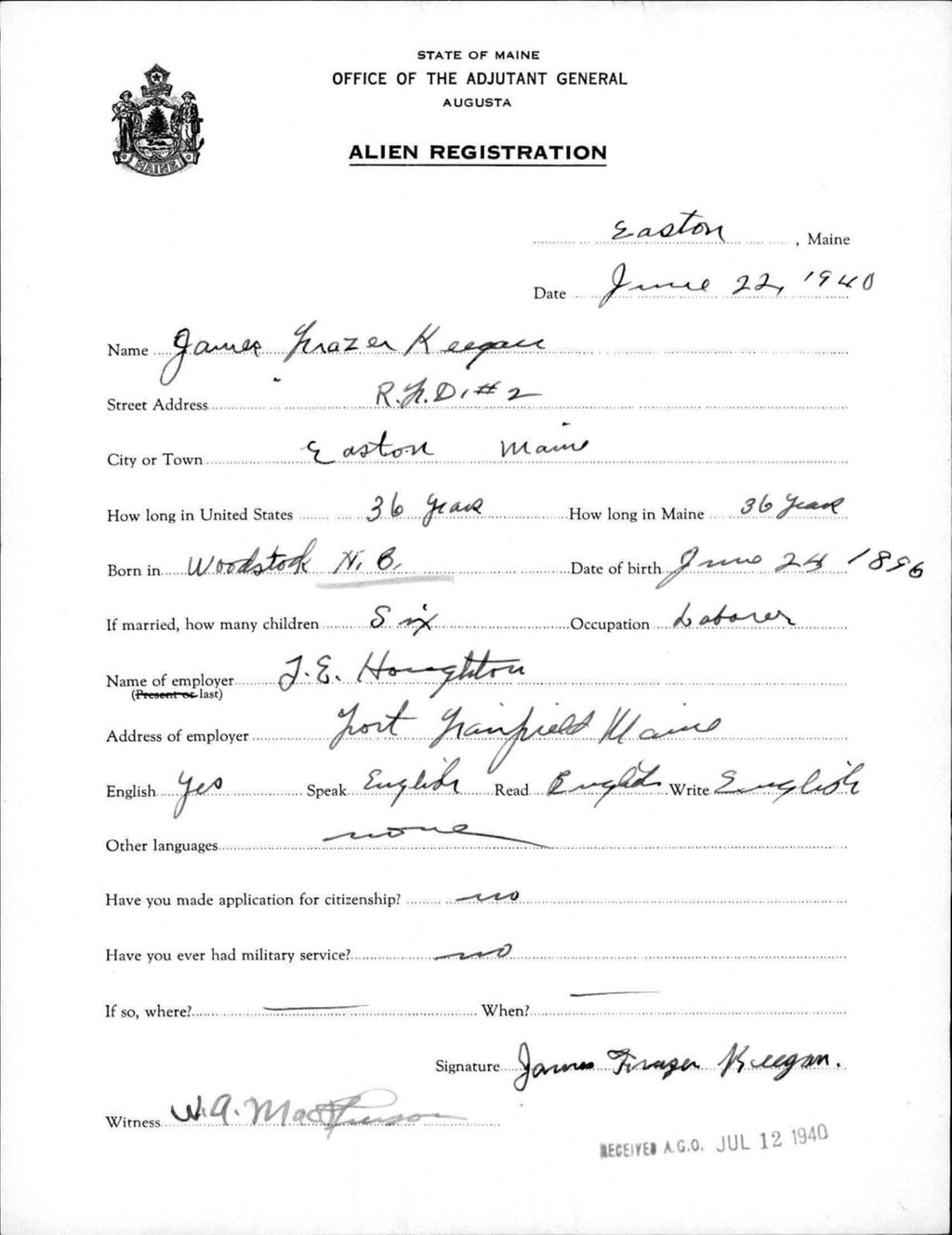 Miniature of Alien Registration- Keegan, James F. (Easton, Aroostook County)