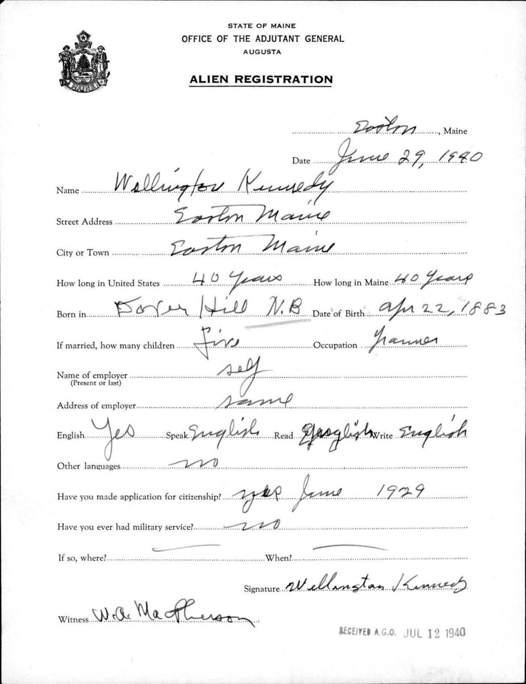 Miniature of Alien Registration- Kennedy, Wellington (Easton, Aroostook County)