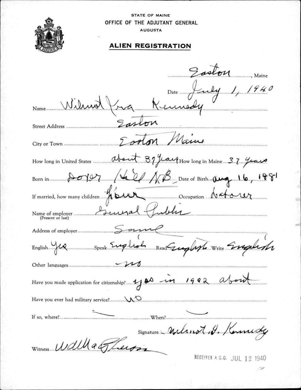 Miniature of Alien Registration- Kennedy, Wilmot I. (Easton, Aroostook County)