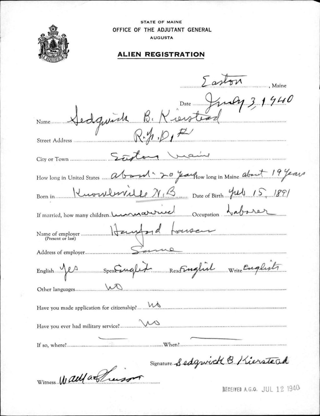 Miniature of Alien Registration- Kierstead, Sedgwick B. (Easton, Aroostook County)