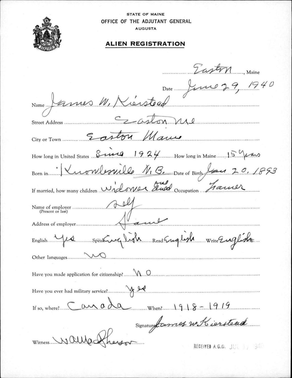 Miniature of Alien Registration- Kierstead, James W. (Easton, Aroostook County)