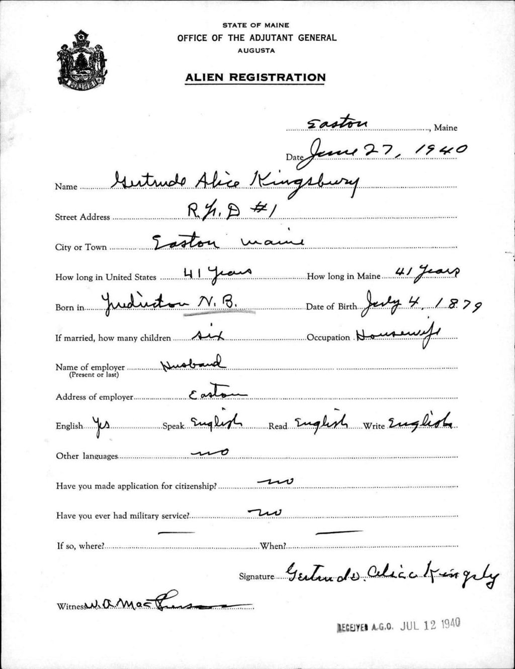 Miniature of Alien Registration- Kingsbury, Gertrude A. (Easton, Aroostook County)
