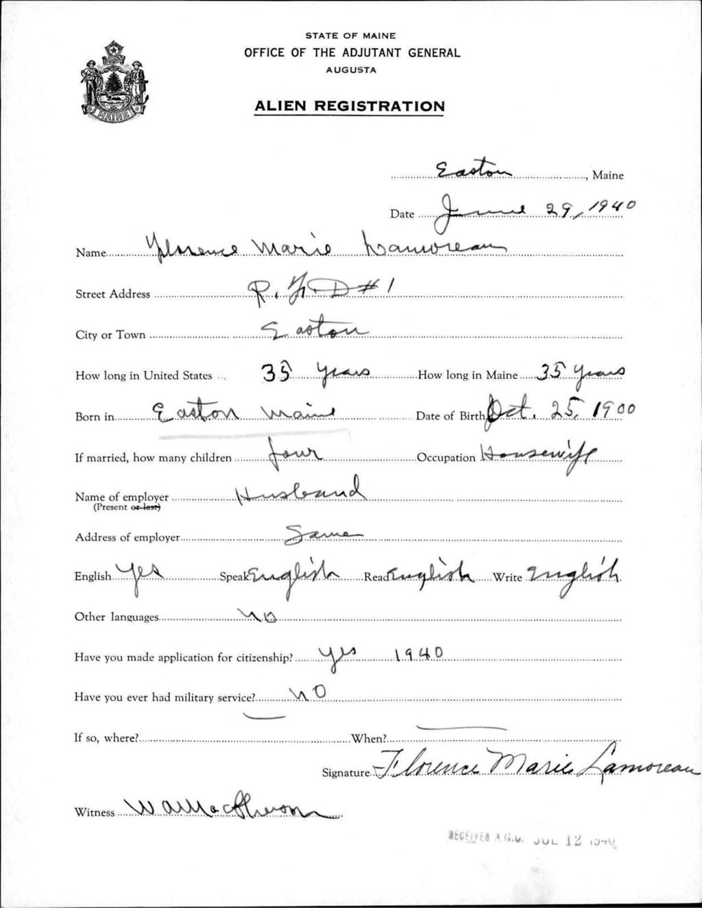 Miniature of Alien Registration- Lamoreau, Florence M. (Easton, Aroostook County)