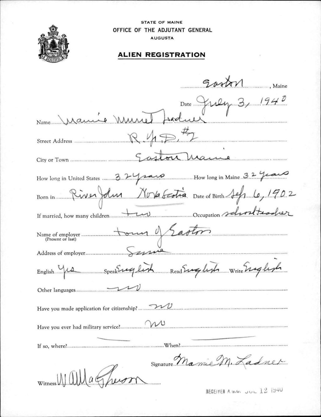 Miniature of Alien Registration- Ladner, Mamie M. (Easton, Aroostook County)