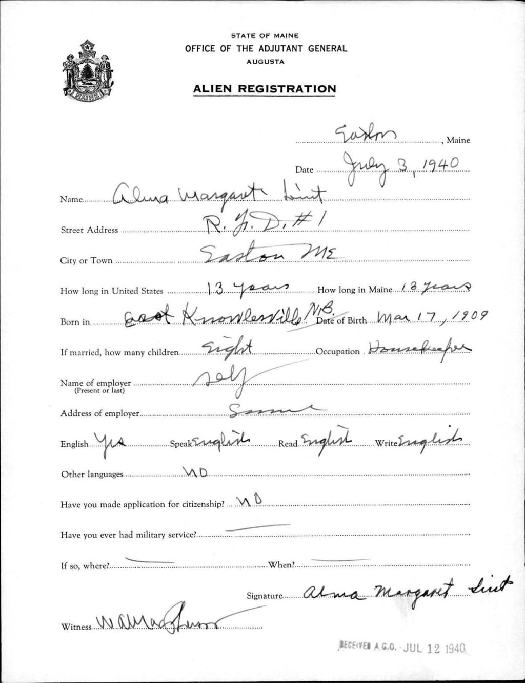 Miniature of Alien Registration- Lint, Alma M. (Easton, Aroostook County)