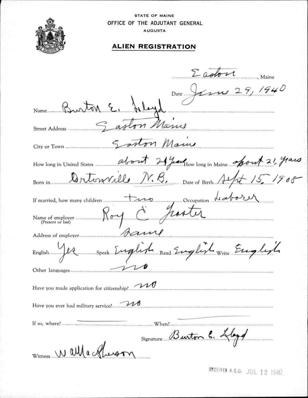 Miniature of Alien Registration- Lloyd, Burton E. (Easton, Aroostook County)