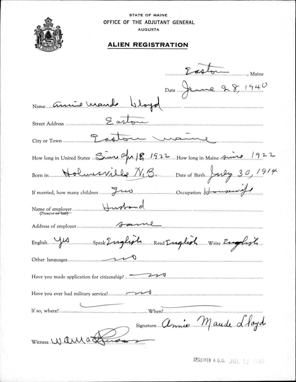 Miniature of Alien Registration- Lloyd, Annie M. (Easton, Aroostook County)