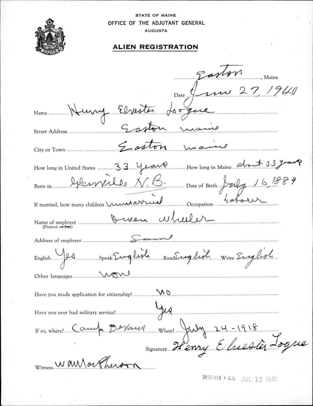 Miniature of Alien Registration- Logue, Henry E. (Easton, Aroostook County)