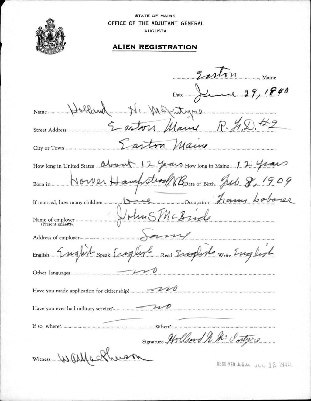 Miniature of Alien Registration- Mcintyre, Holland N. (Easton, Aroostook County)