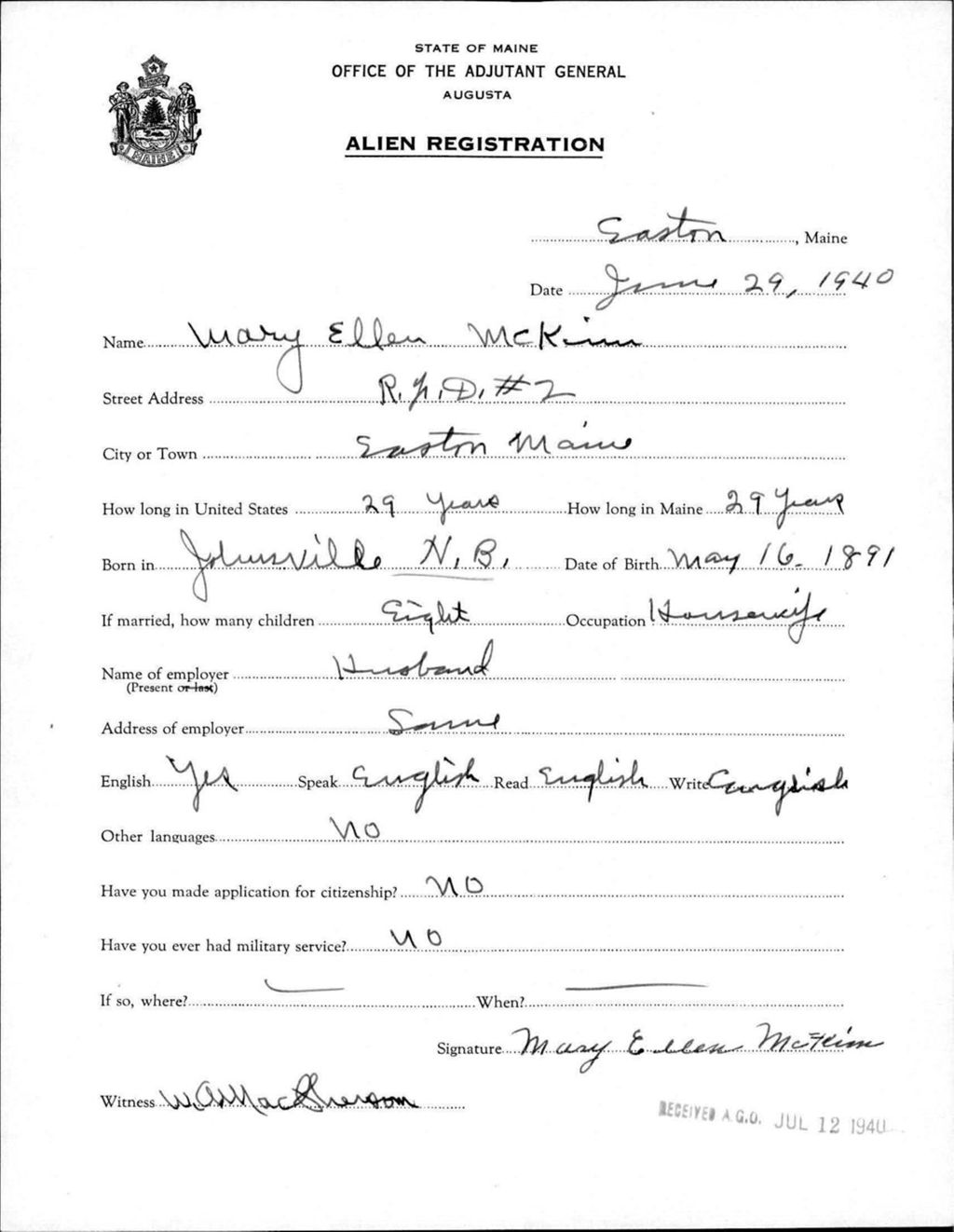 Miniature of Alien Registration- Mckim, Mary E. (Easton, Aroostook County)