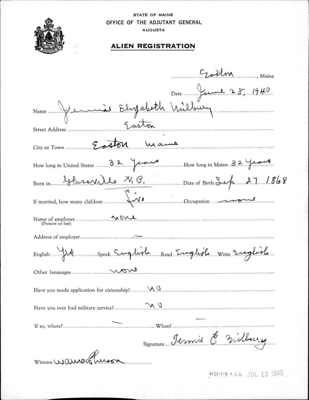 Miniature of Alien Registration- Milbury, Jennie E. (Easton, Aroostook County)