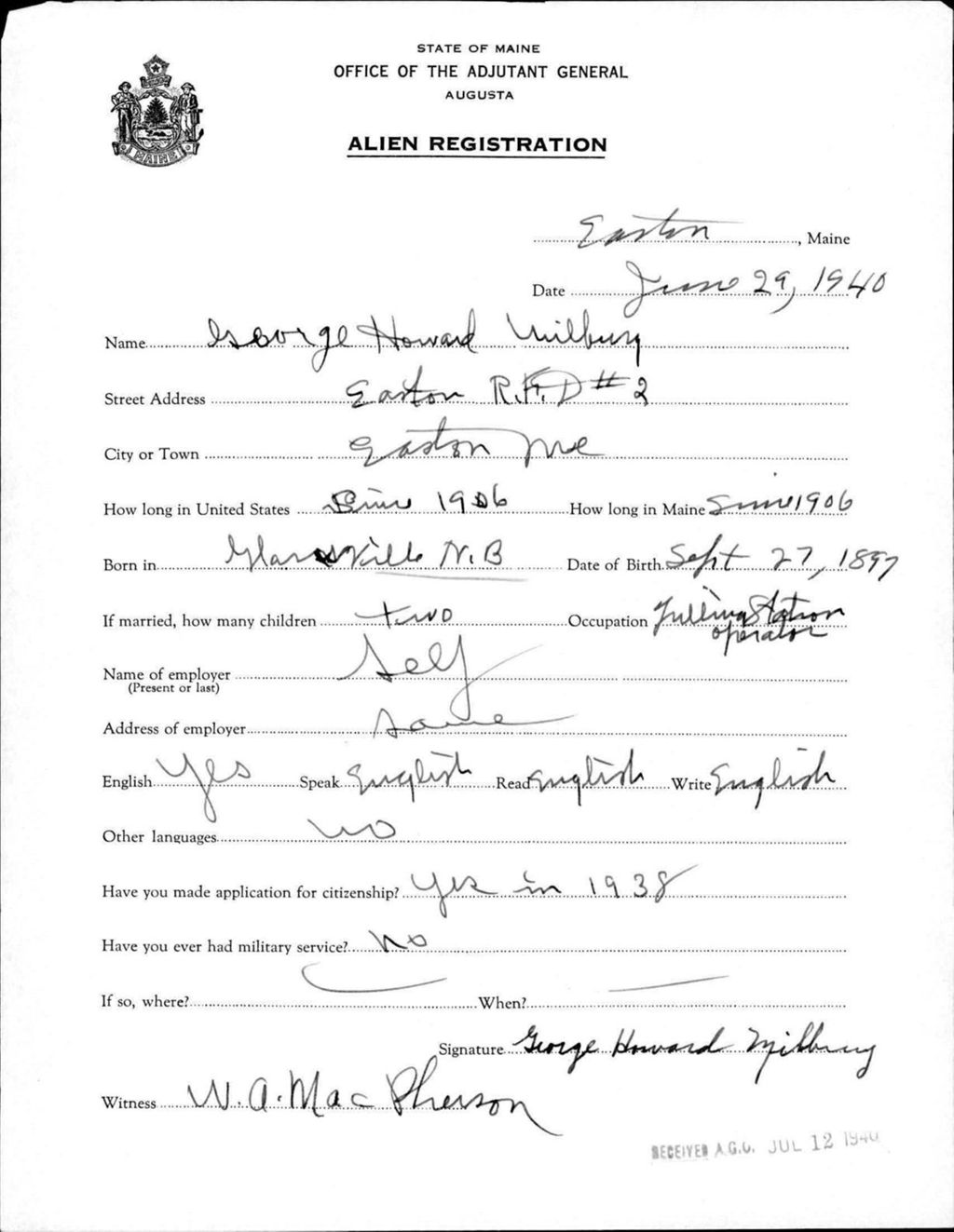 Miniature of Alien Registration- Milbury, George H. (Easton, Aroostook County)