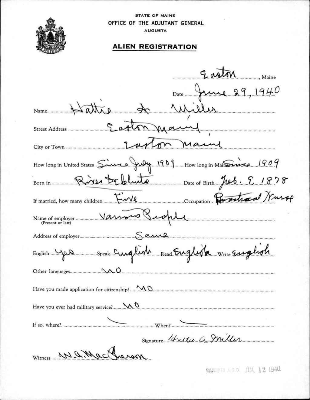 Miniature of Alien Registration- Miller, Hattie A. (Easton, Aroostook County)
