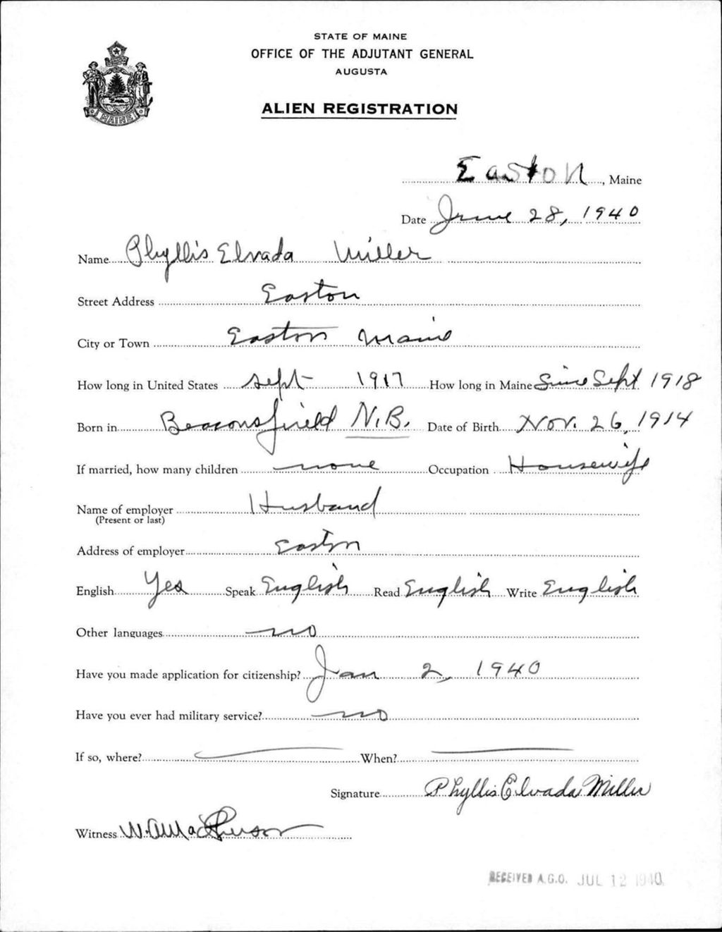 Miniature of Alien Registration- Miller, Phyllis E. (Easton, Aroostook County)