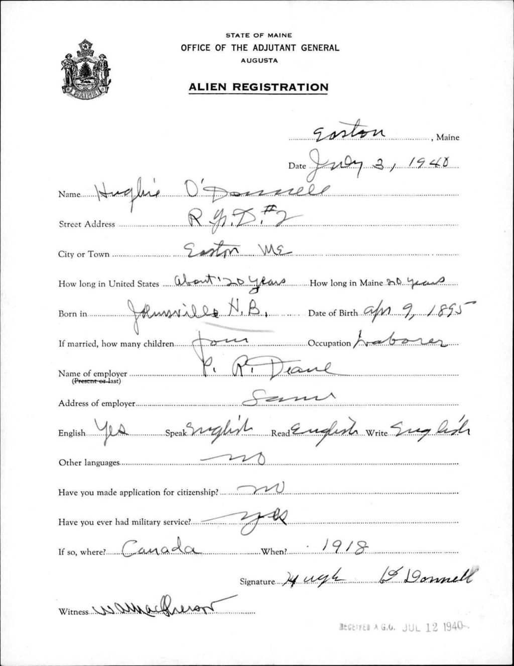 Miniature of Alien Registration- O'Donnell, Hughie (Easton, Aroostook County)
