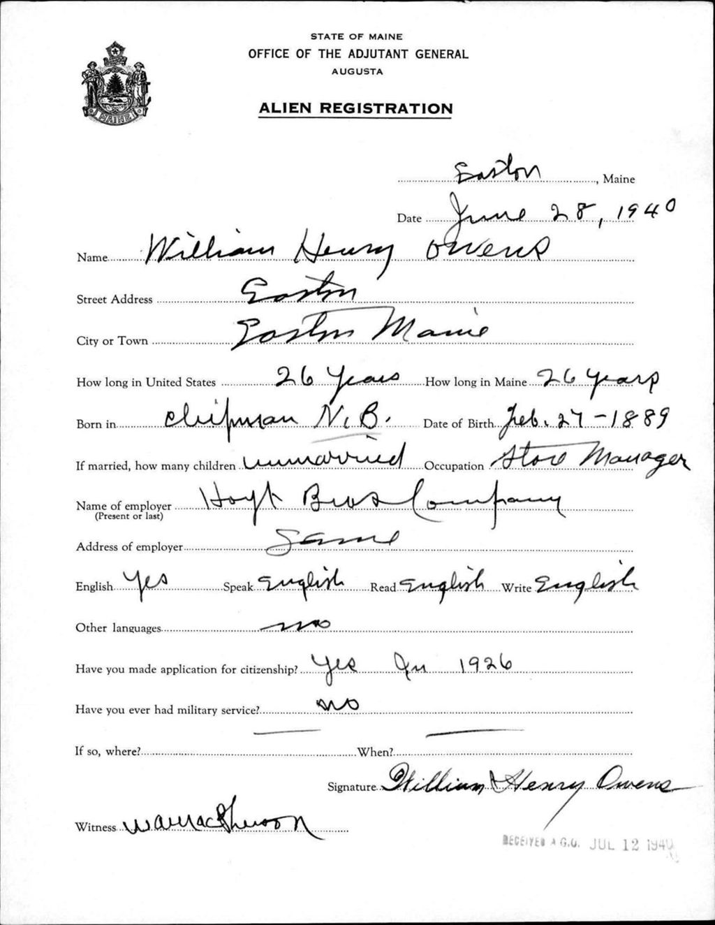 Miniature of Alien Registration- Owens, William H. (Easton, Aroostook County)