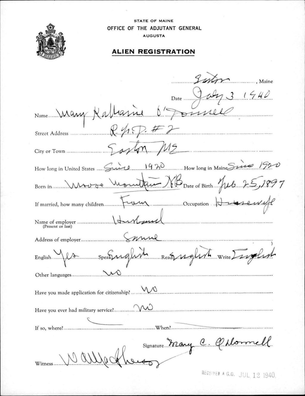 Miniature of Alien Registration- Odonnell, Mary K. (Easton, Aroostook County)