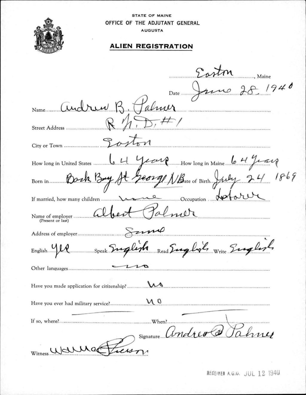 Miniature of Alien Registration- Palmer, Andrew B. (Easton, Aroostook County)