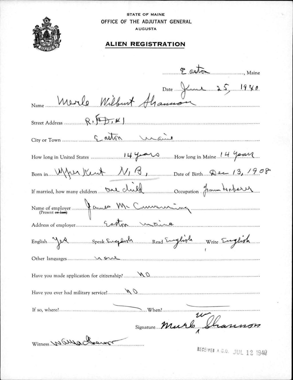 Miniature of Alien Registration- Shannon, Merle W. (Easton, Aroostook County)