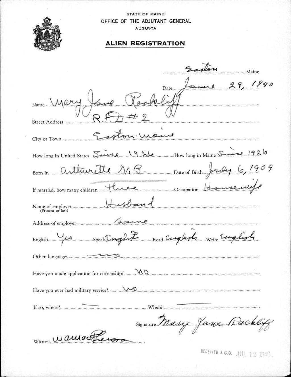 Miniature of Alien Registration- Rackliff, Mary J. (Easton, Aroostook County)