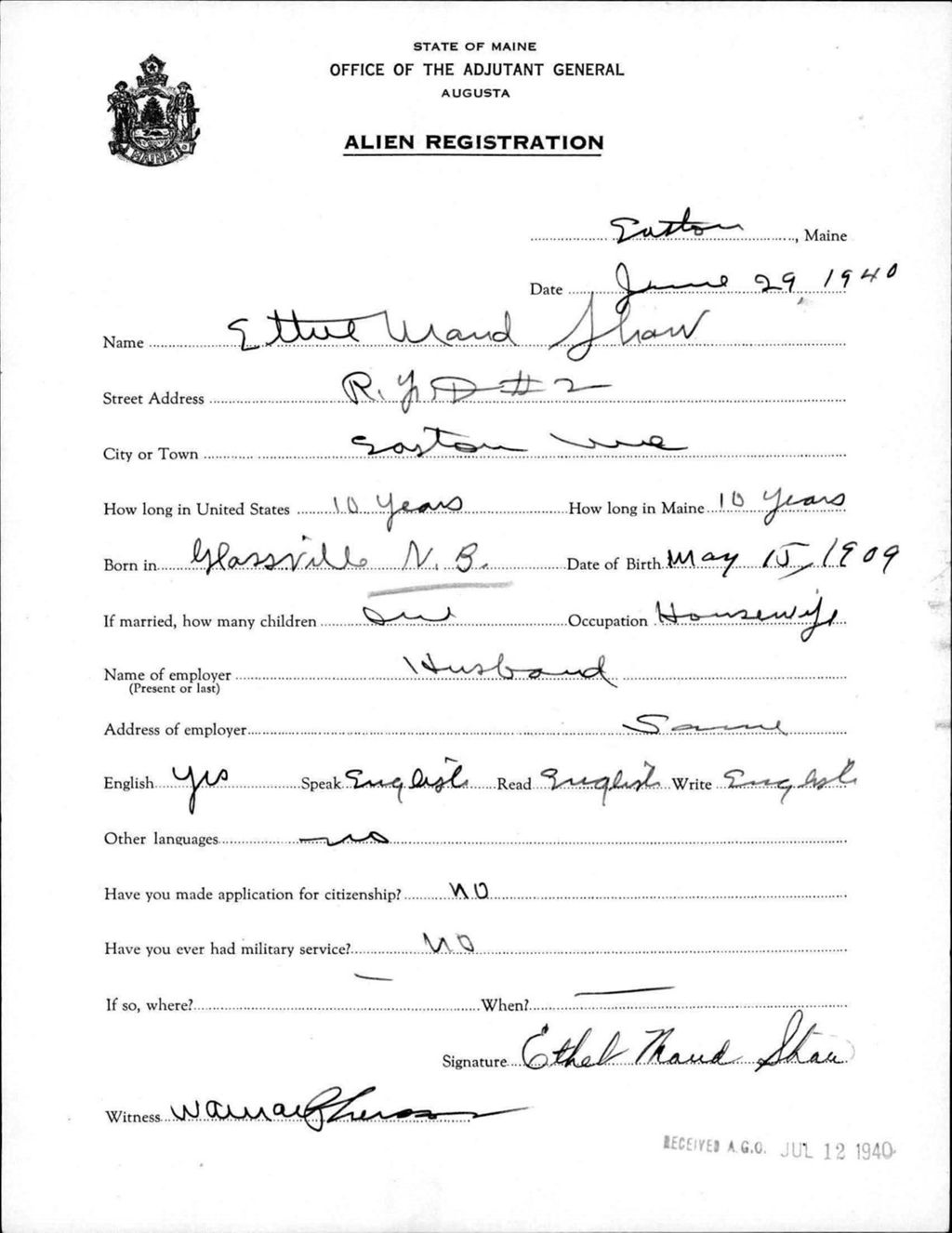 Miniature of Alien Registration- Shaw, Ethel M. (Easton, Aroostook County)