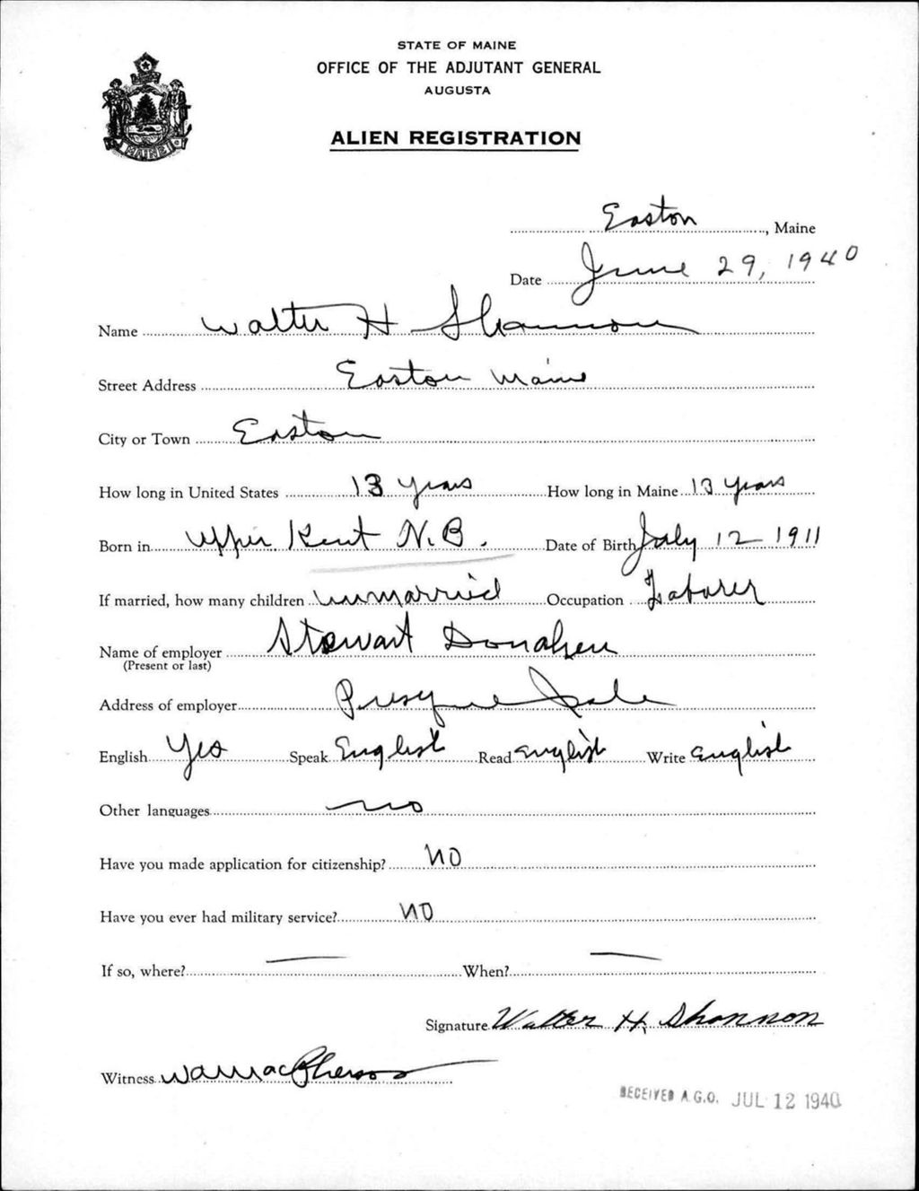 Miniature of Alien Registration- Shannon, Walter H. (Easton, Aroostook County)