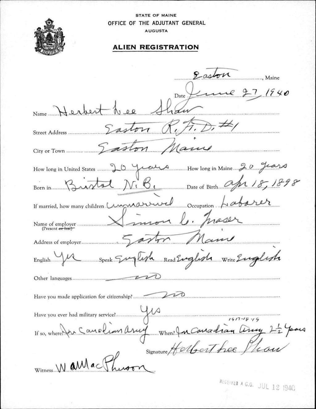Miniature of Alien Registration- Shaw, Herbert L. (Easton, Aroostook County)