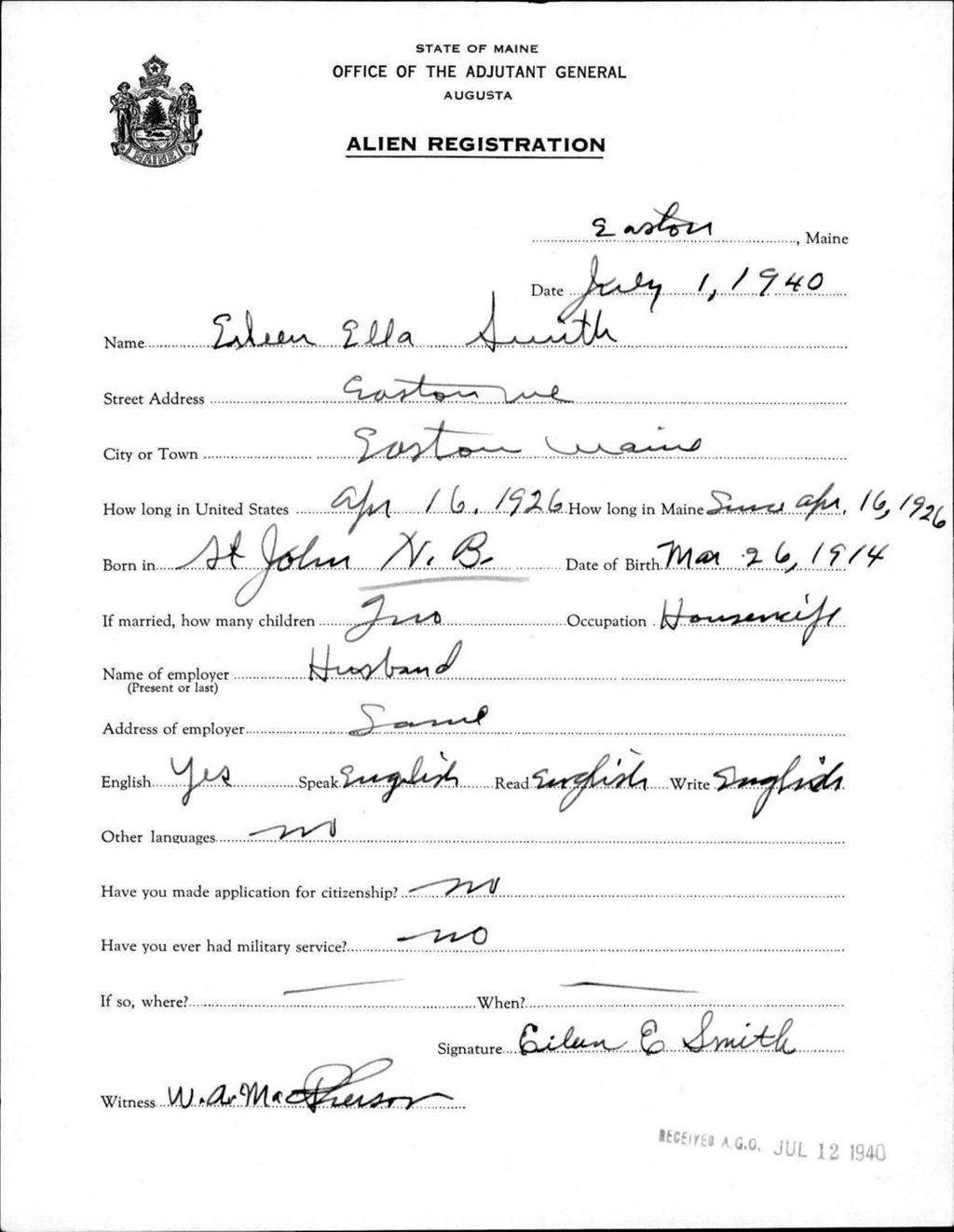 Miniature of Alien Registration- Smith, Eileen E. (Easton, Aroostook County)