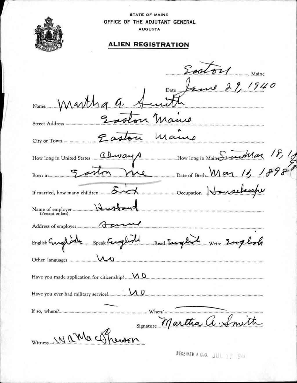 Miniature of Alien Registration- Smith, Martha A. (Easton, Aroostook County)
