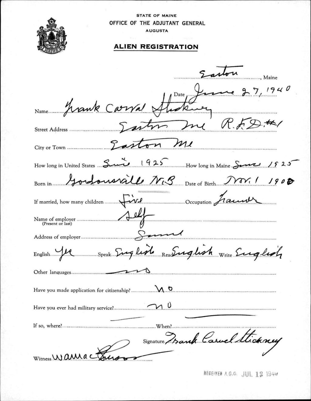 Miniature of Alien Registration- Stickney, Frank C. (Easton, Aroostook County)