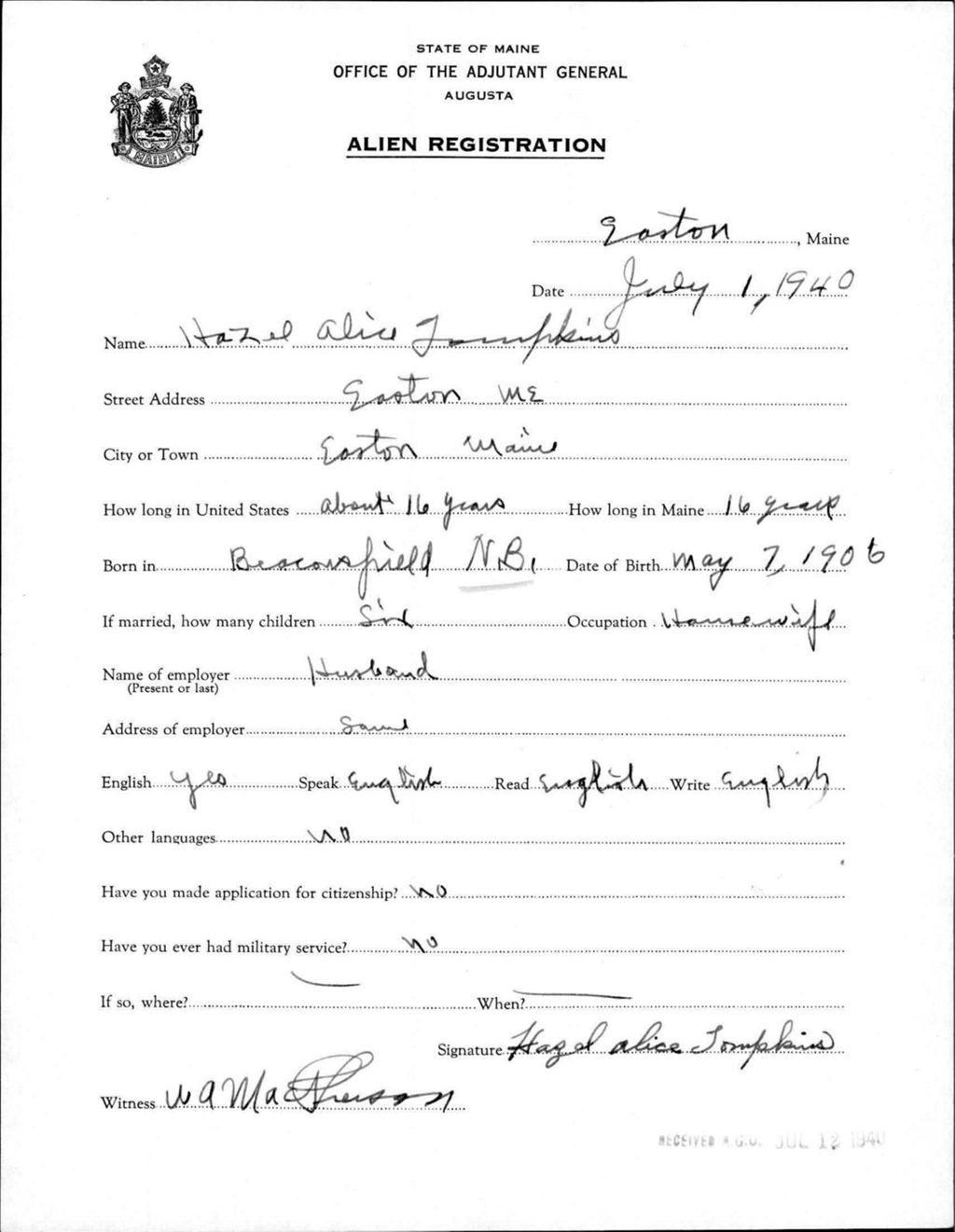 Miniature of Alien Registration- Tompkins, Hazel A. (Easton, Aroostook County)