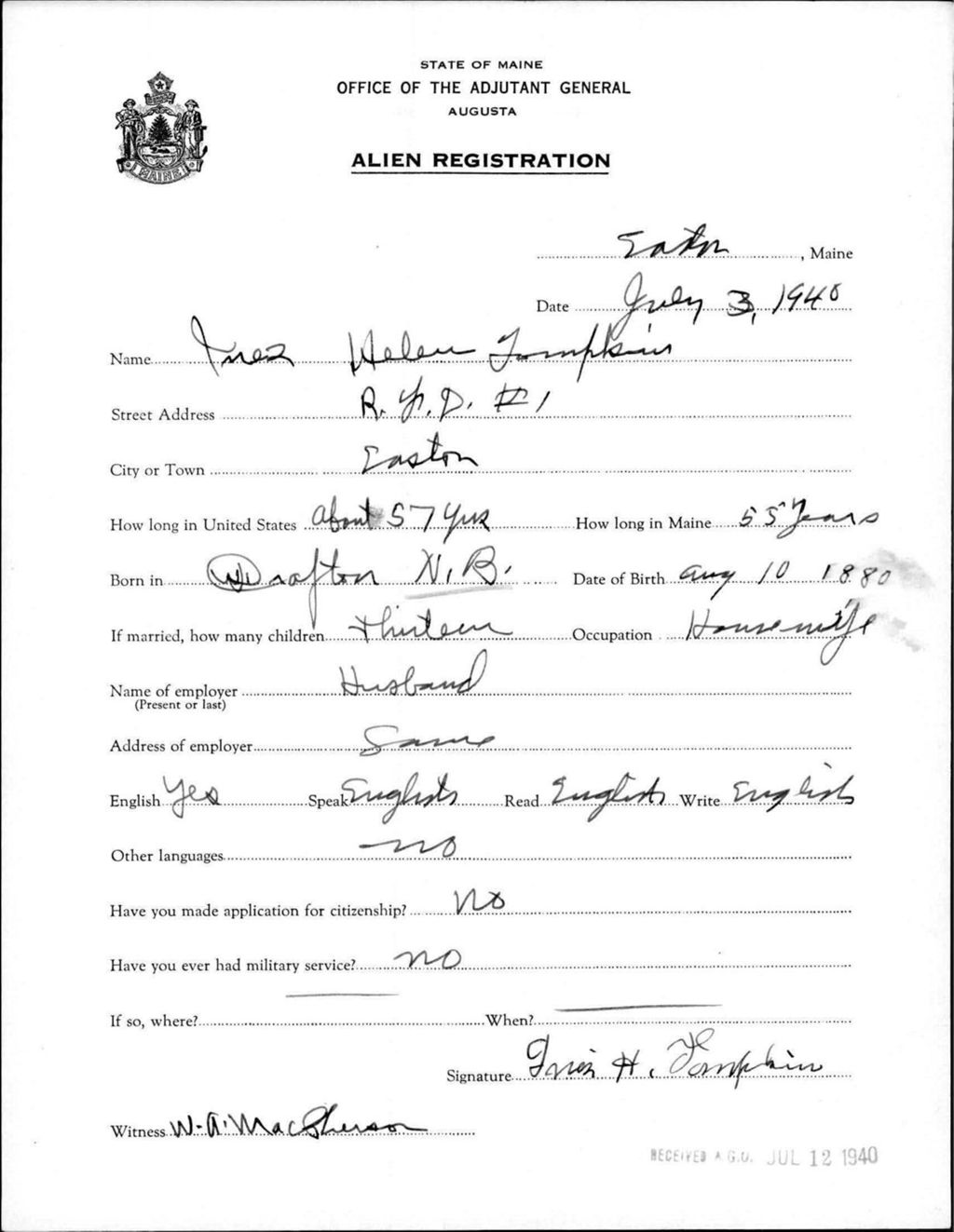 Miniature of Alien Registration- Tompkins, Inez H. (Easton, Aroostook County)