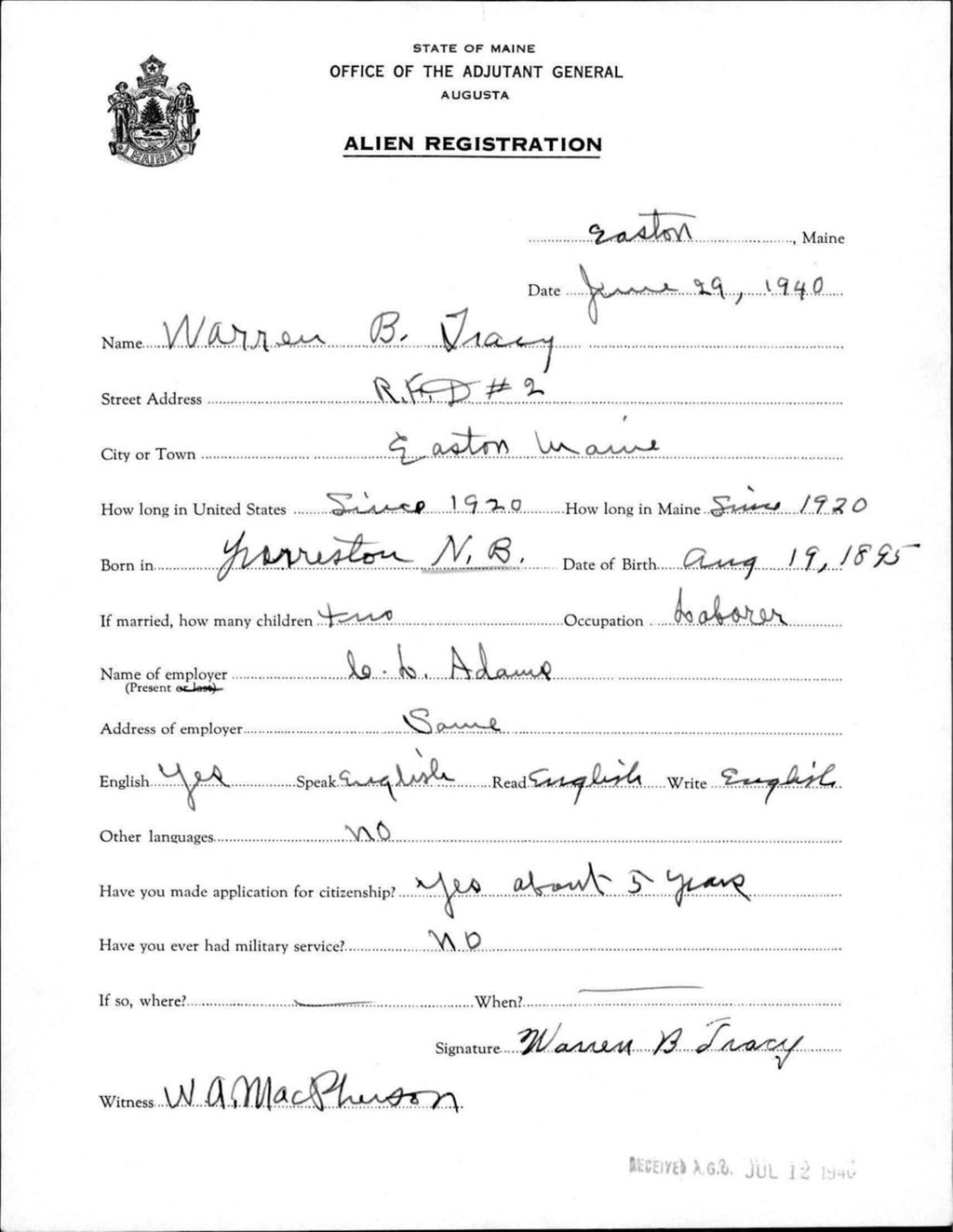 Miniature of Alien Registration- Tracy, Warren B. (Easton, Aroostook County)