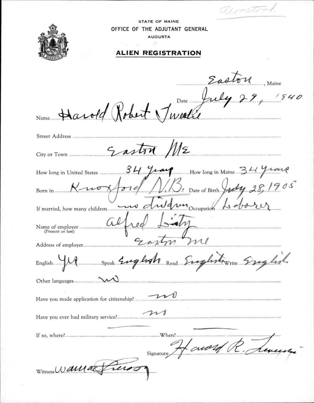 Miniature of Alien Registration- Tweedie, Harold R. (Easton, Aroostook County)