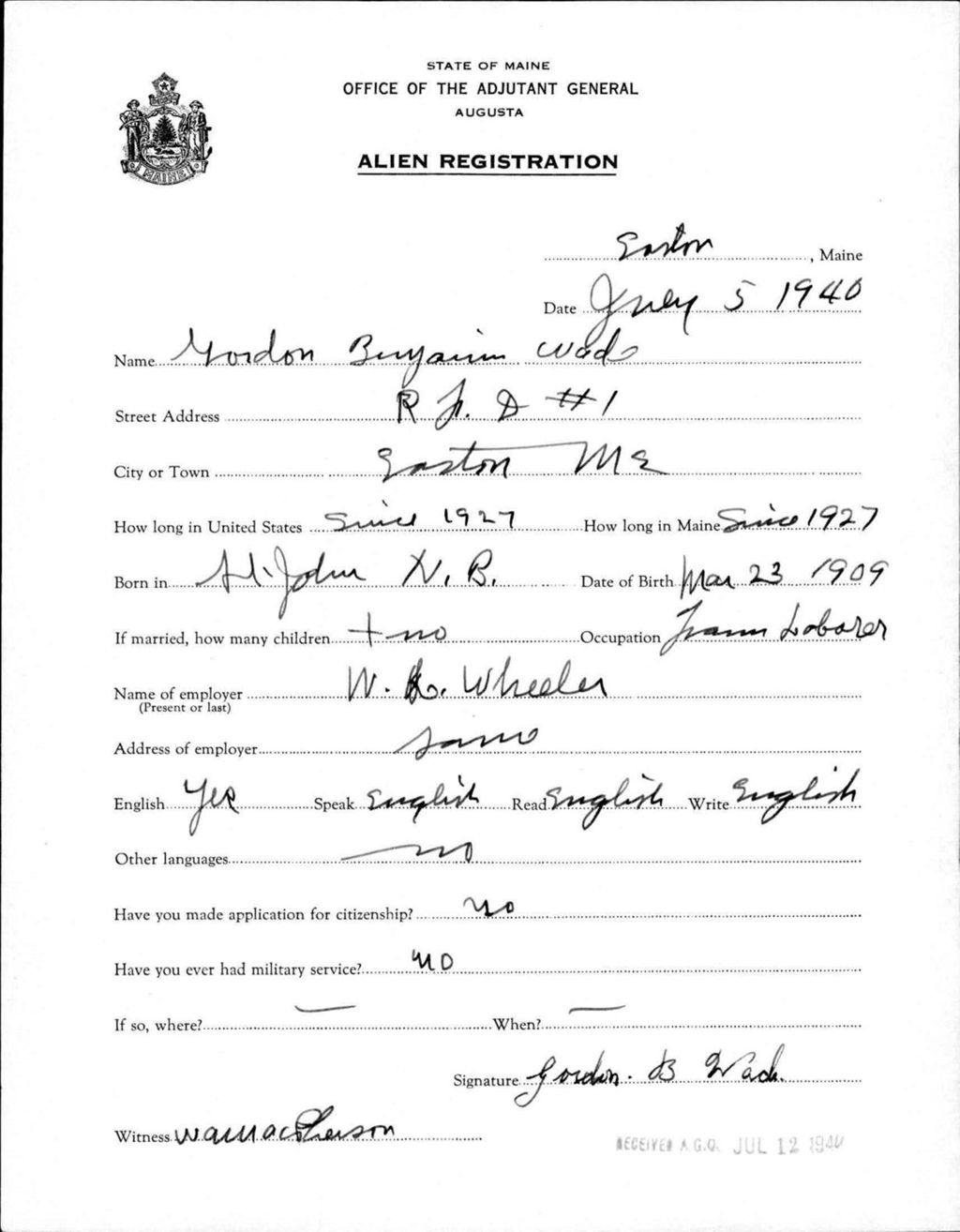 Miniature of Alien Registration- Wade, Gordon B. (Easton, Aroostook County)