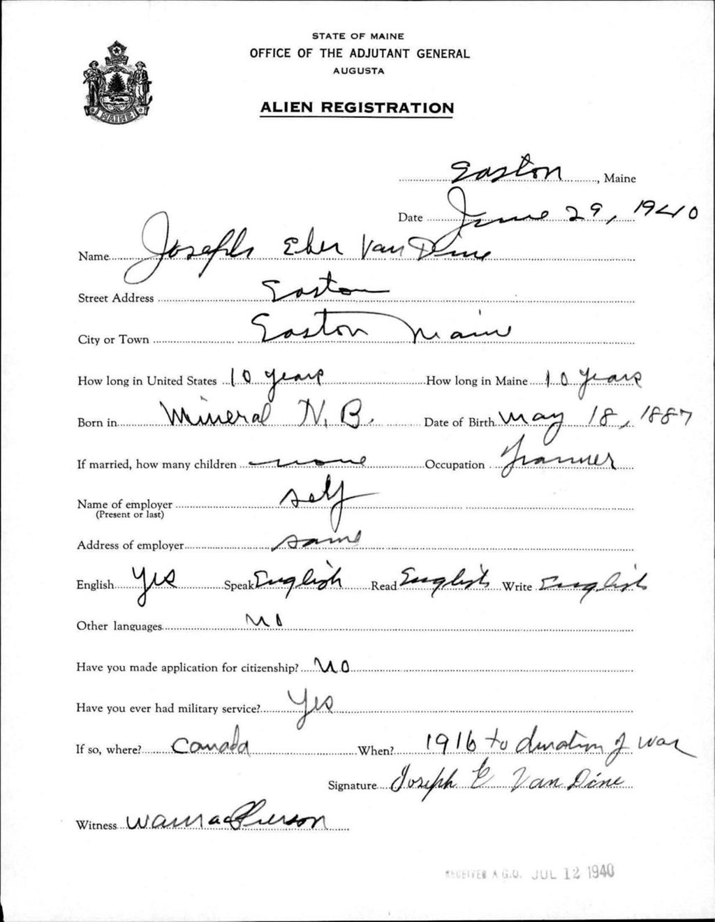 Miniature of Alien Registration- Van Dine, Joseph E. (Easton, Aroostook County)